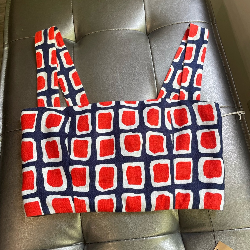 Reformation Red Navy White Square-Print Crop Tank